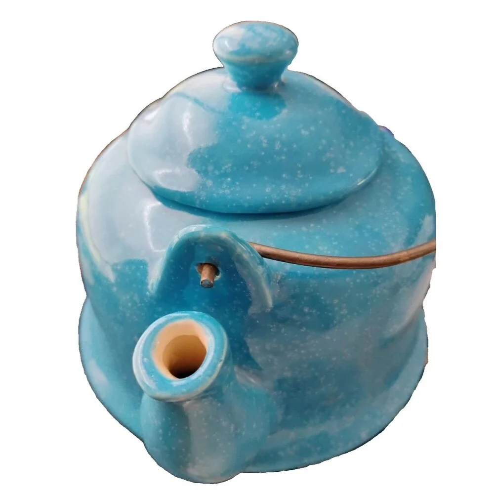 Mid-Century Style Speckled Turquoise Ceramic Teapot – Handcrafted Studio Pottery